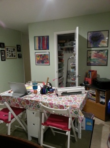 The "crafting only" table and closet that used to be a dining room/breakfast table area.